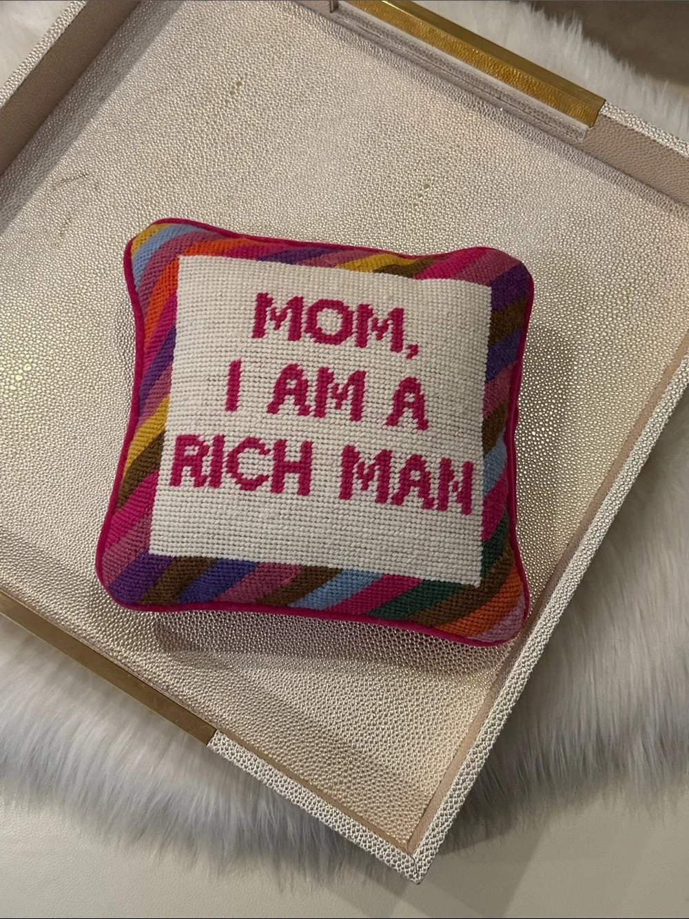 Embroidered 'Mom, I Am a Rich Man' Decorative Pillow - Pink Multicolor